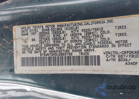 2001 Toyota Tacoma Base V6 z USA, uszkodzony, nr VIN 5TEWN72N51Z863732